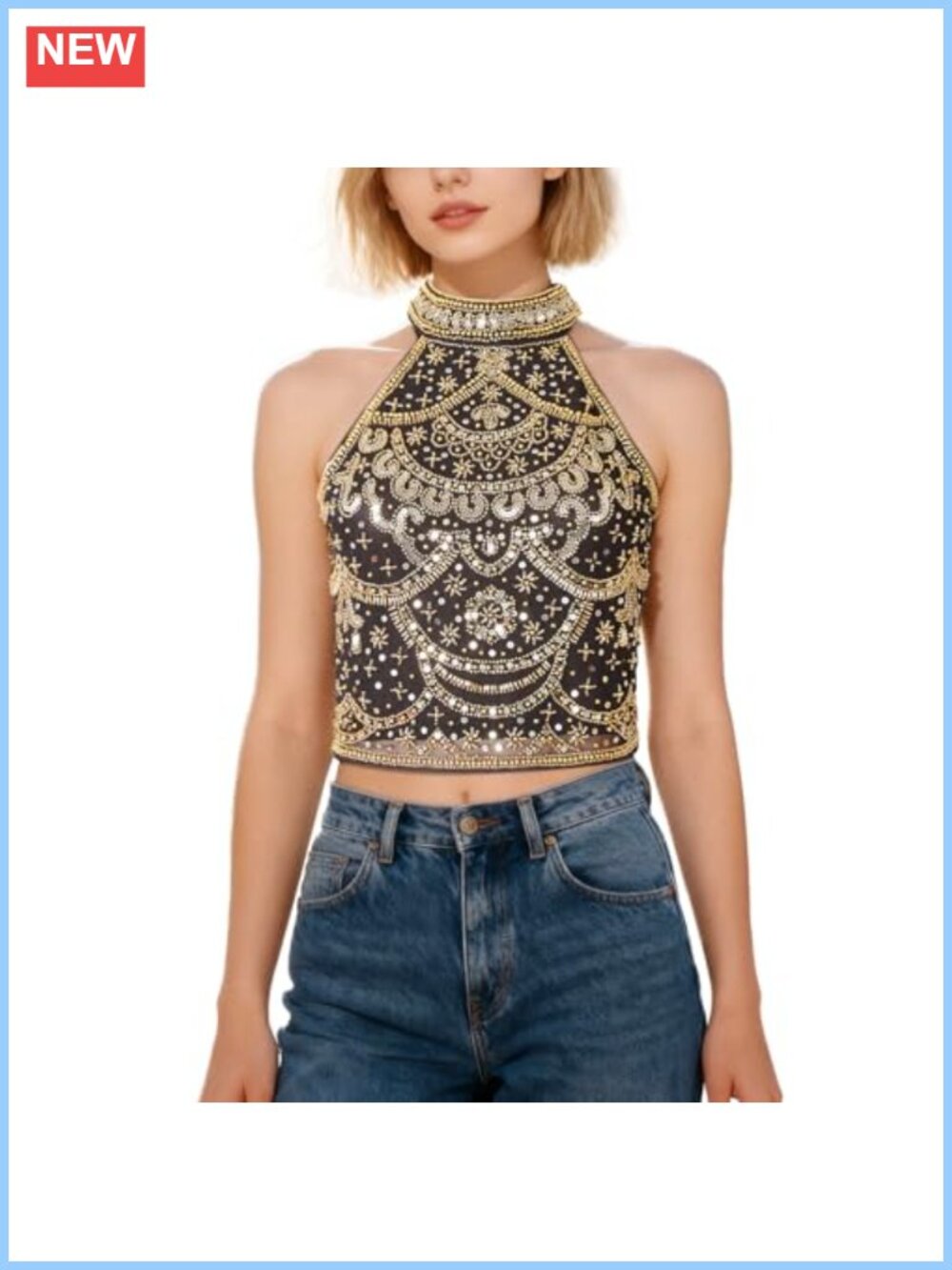 Sequin Beaded Halter High Neck Cropped Cami Sleeveless Party Top